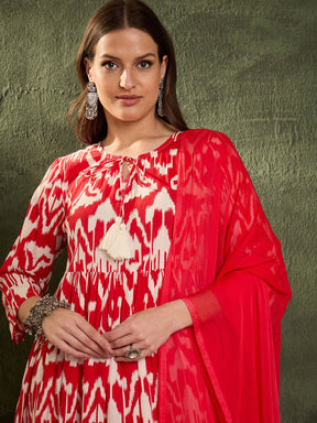 Red Ikat Dori Gathered Kurta Set with Dupatta-Shae by SASSAFRAS