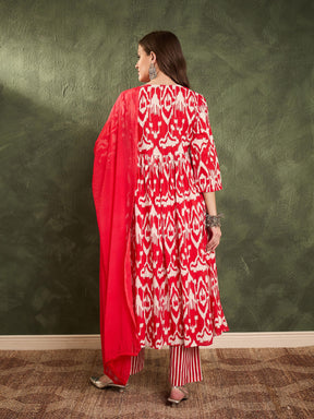 Red Ikat Dori Gathered Kurta Set with Dupatta-Shae by SASSAFRAS