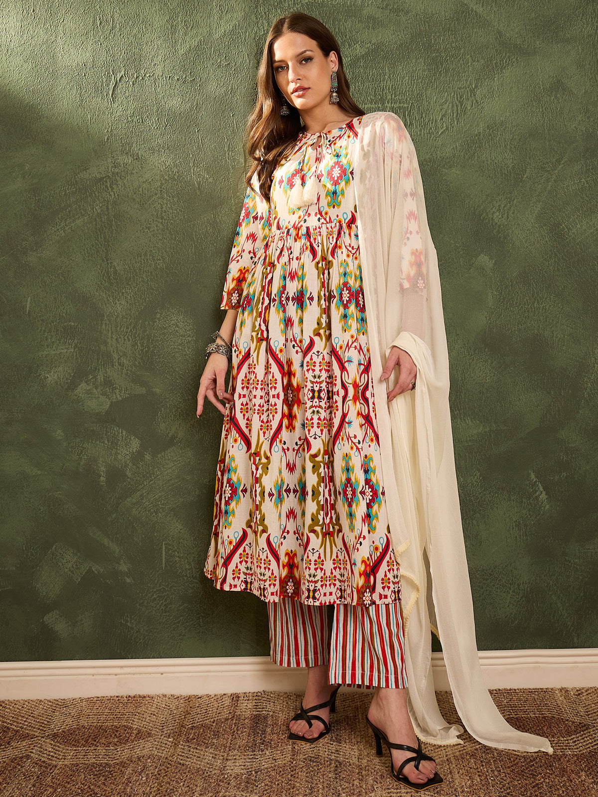 Red Multi Ikat Dori Gathered Kurta Set with Dupatta-Shae by SASSAFRAS