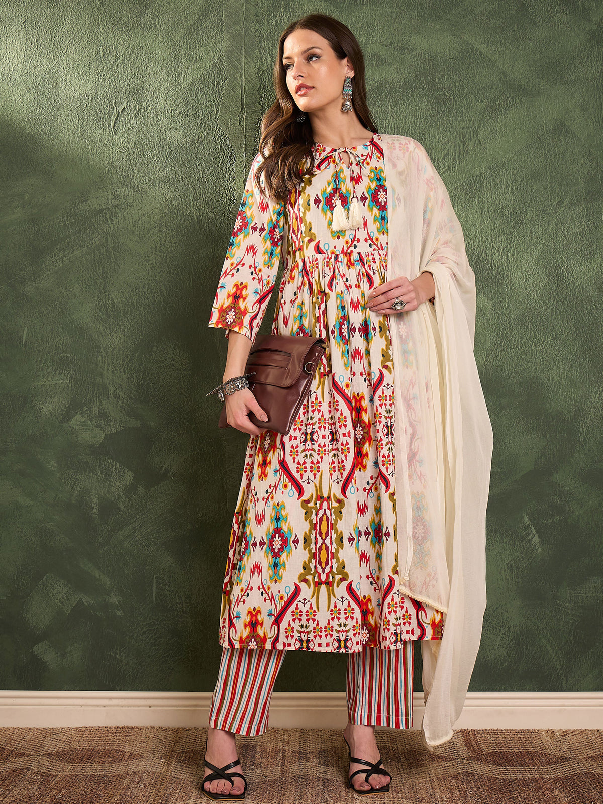 Red Multi Ikat Dori Gathered Kurta Set with Dupatta-Shae by SASSAFRAS