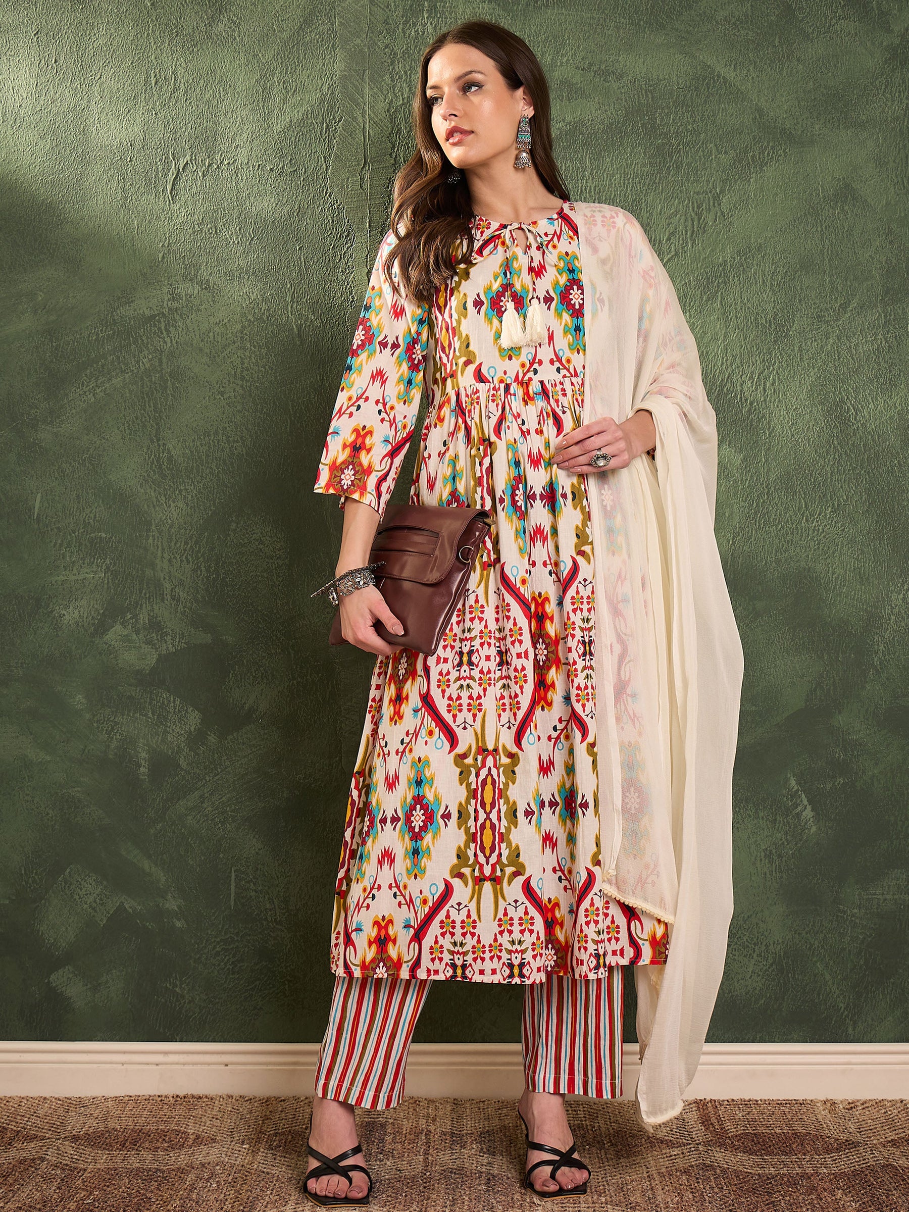 Red Multi Ikat Dori Gathered Kurta Set with Dupatta-Shae by SASSAFRAS