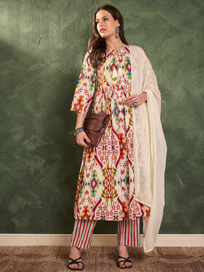 Red Multi Ikat Dori Gathered Kurta Set with Dupatta-Shae by SASSAFRAS