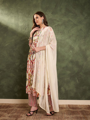 Red Multi Ikat Dori Gathered Kurta Set with Dupatta-Shae by SASSAFRAS