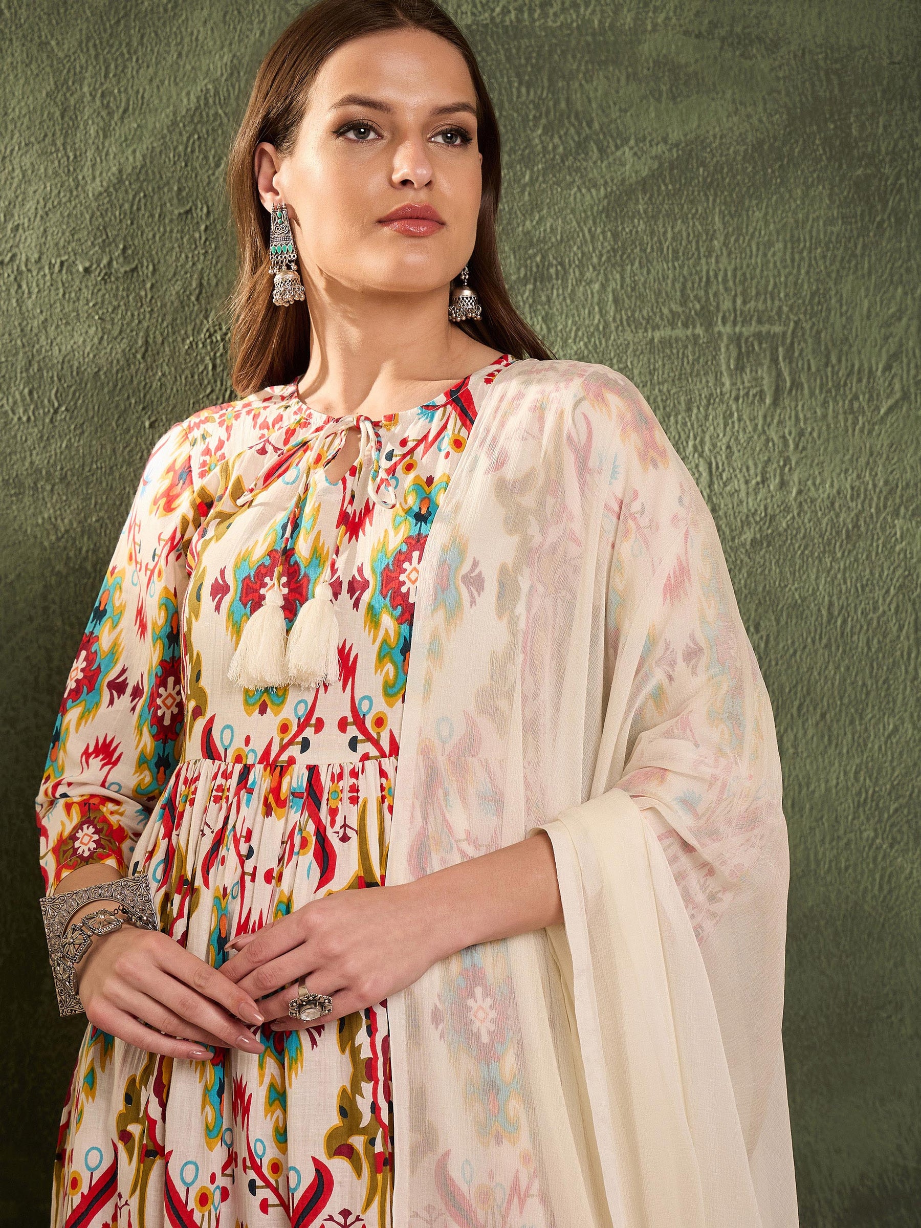Red Multi Ikat Dori Gathered Kurta Set with Dupatta-Shae by SASSAFRAS