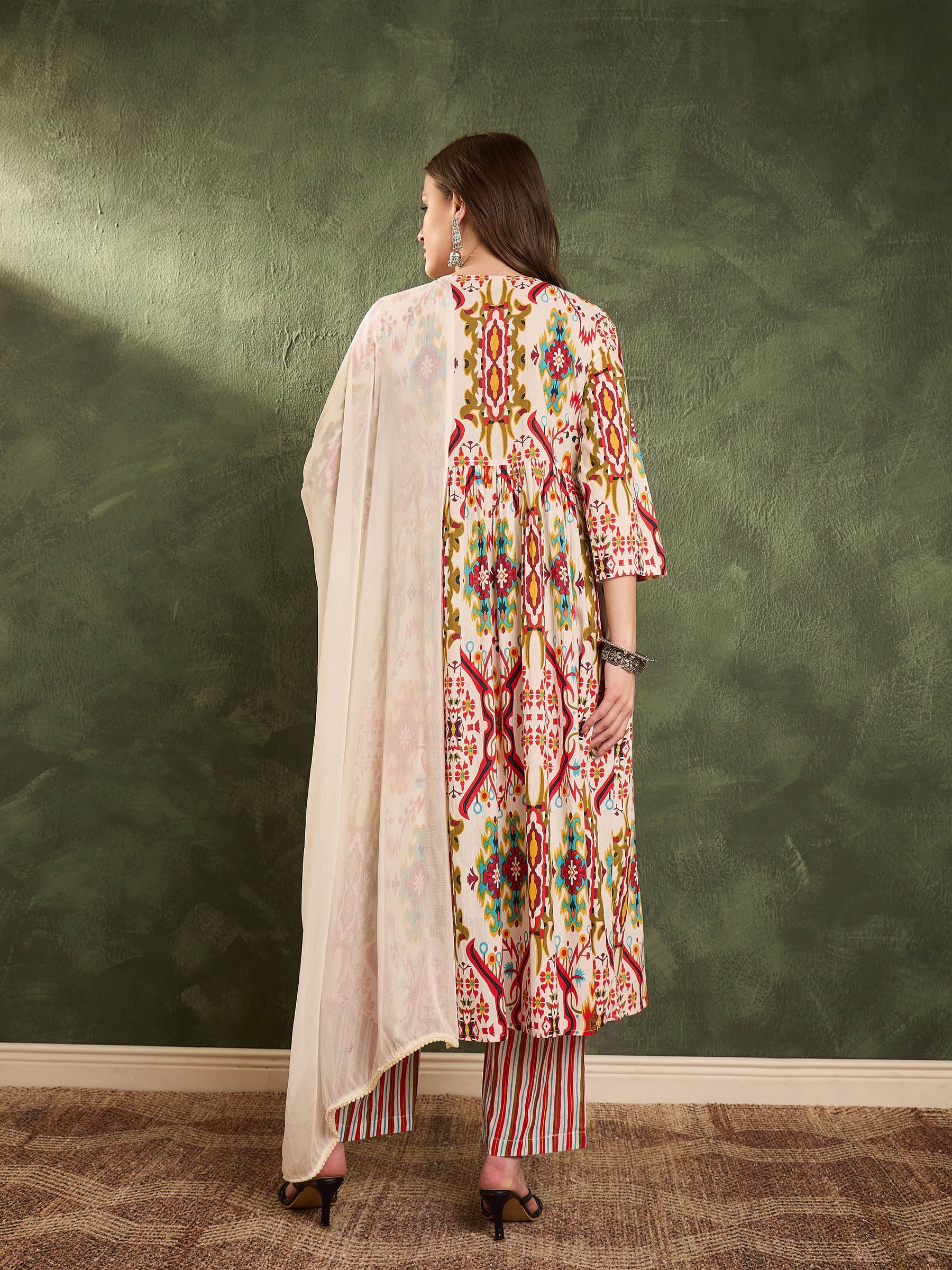 Red Multi Ikat Dori Gathered Kurta Set with Dupatta-Shae by SASSAFRAS