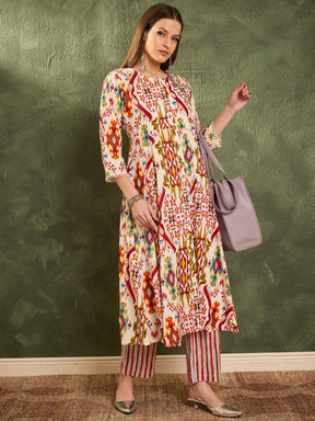Red Multi Ikat Front Button Kurta With Pants -Shae by SASSAFRAS
