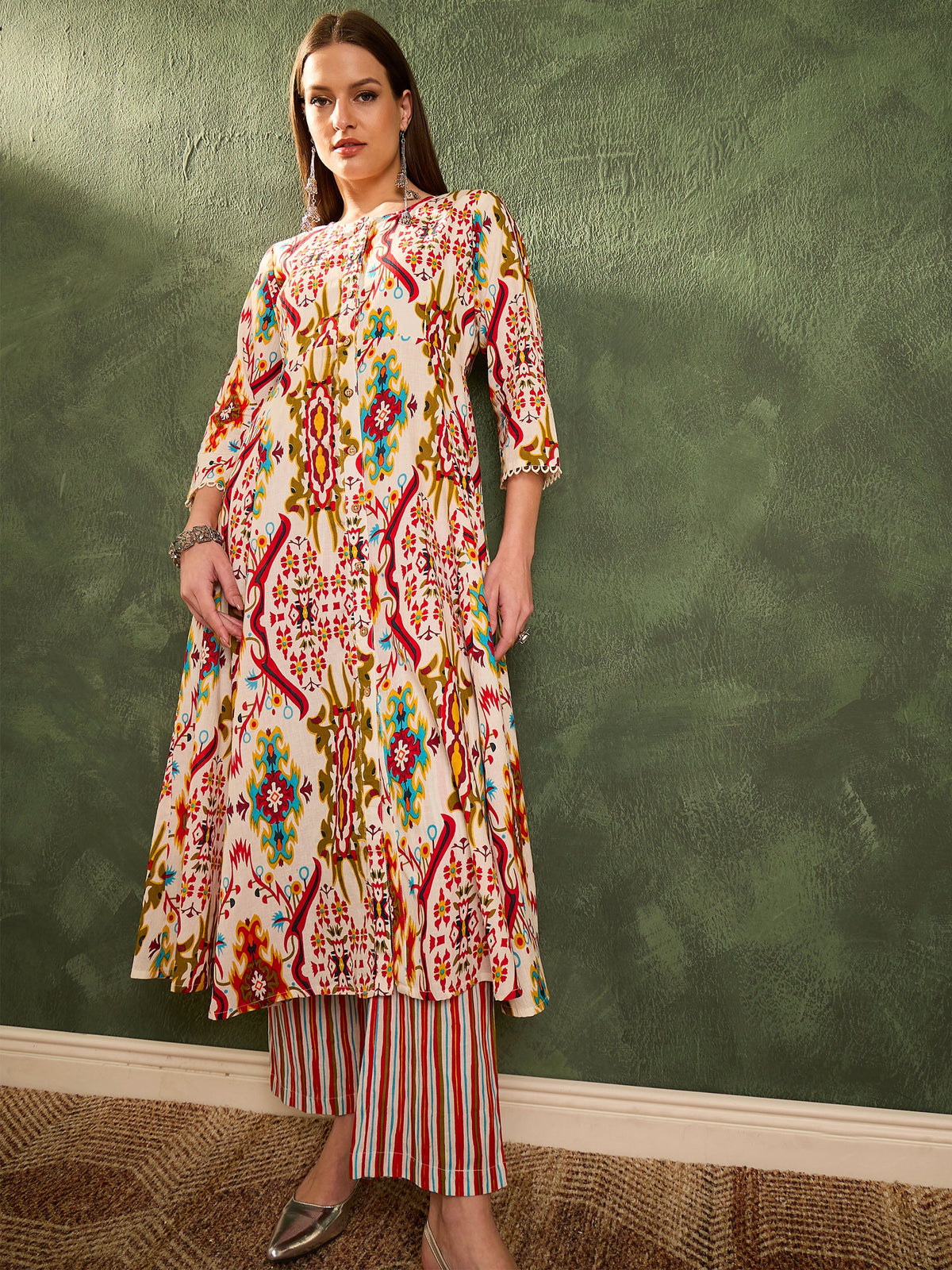 Red Multi Ikat Front Button Kurta With Pants -Shae by SASSAFRAS