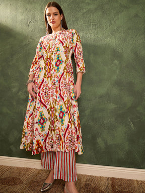 Red Multi Ikat Front Button Kurta With Pants -Shae by SASSAFRAS