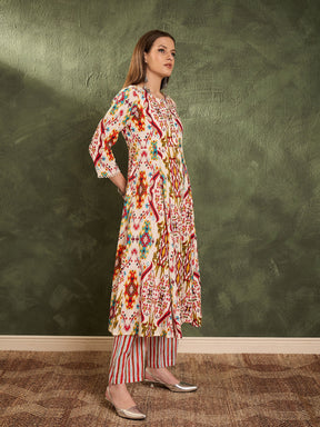 Red Multi Ikat Front Button Kurta With Pants -Shae by SASSAFRAS