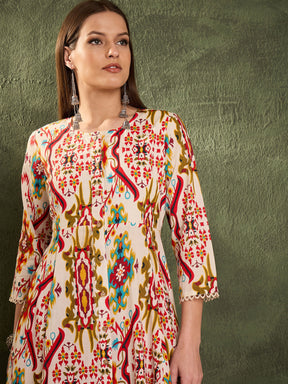 Red Multi Ikat Front Button Kurta With Pants -Shae by SASSAFRAS