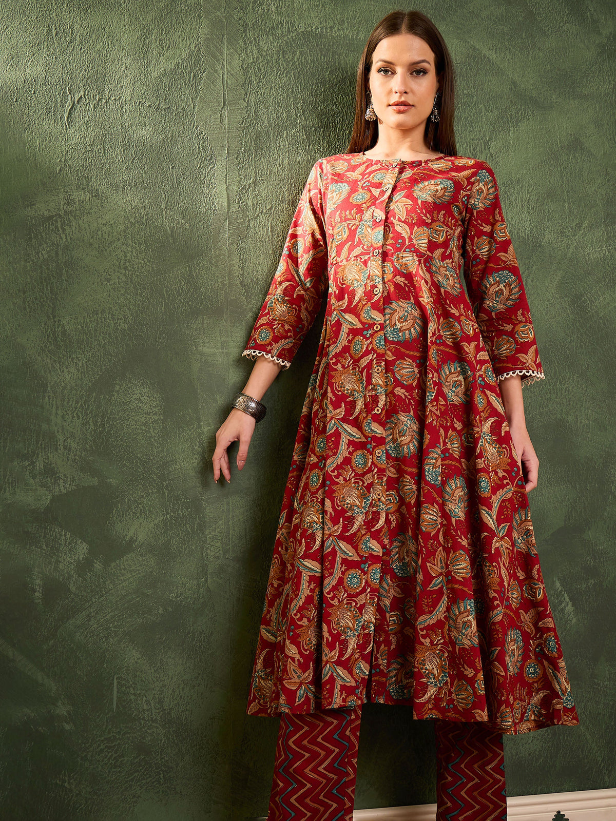 Maroon Floral Button Pocket Kurta With Pants -Shae by SASSAFRAS