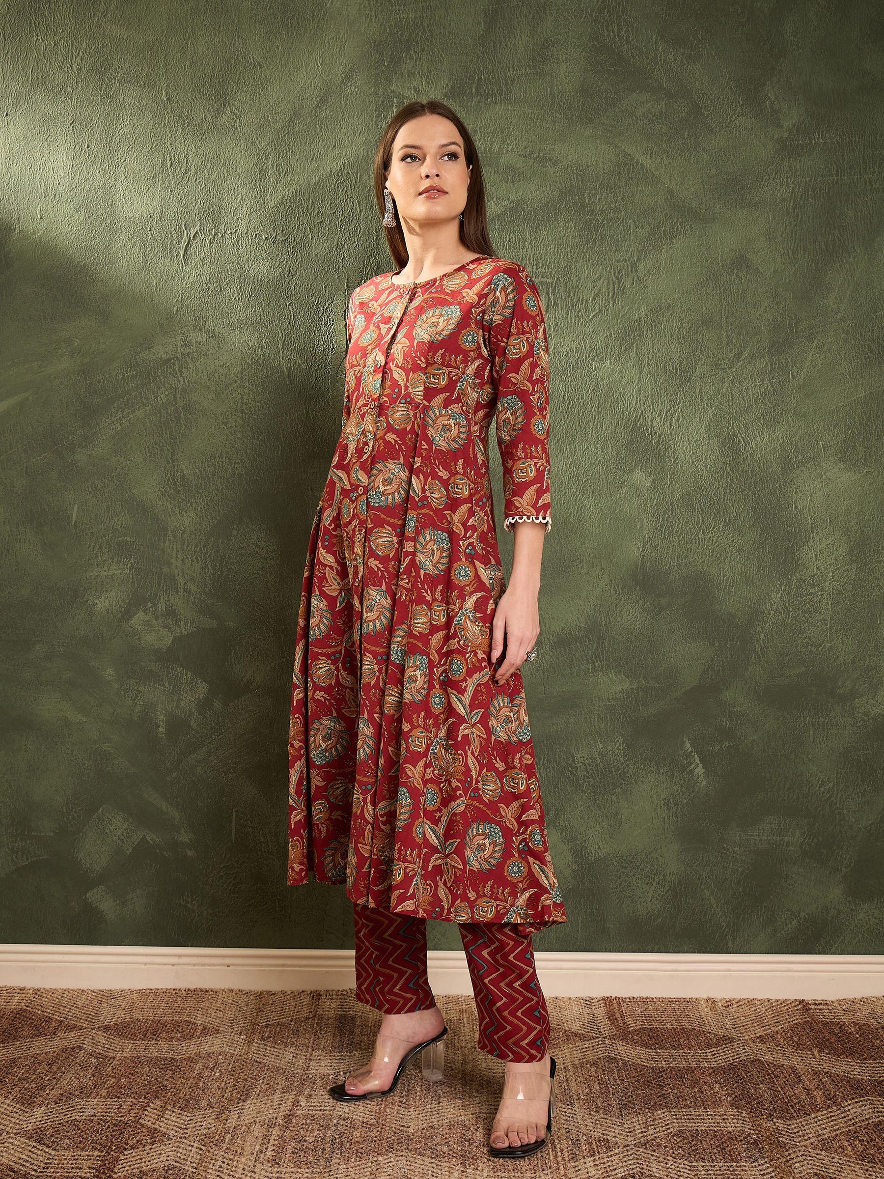 Maroon Floral Button Pocket Kurta With Pants -Shae by SASSAFRAS