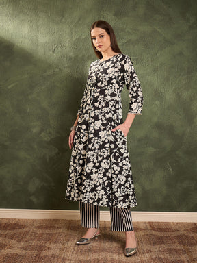 Black Floral Button Pocket Kurta with Pants -Shae by SASSAFRAS