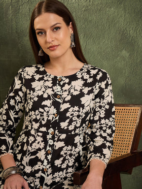Black Floral Button Pocket Kurta with Pants -Shae by SASSAFRAS