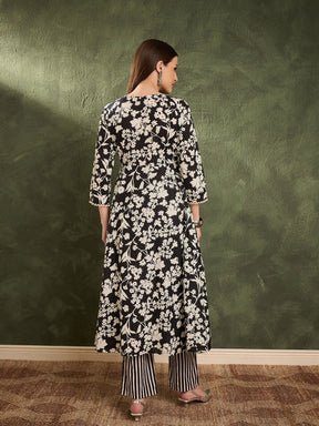Black Floral Button Pocket Kurta with Pants -Shae by SASSAFRAS