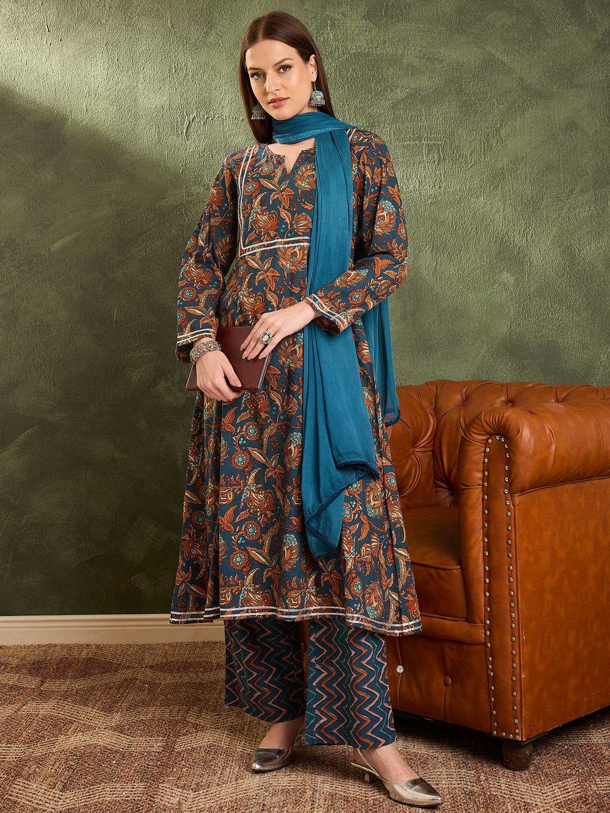 Teal Floral Front Yoke Kurta Set with Dupatta-Shae by SASSAFRAS
