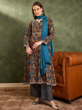 Teal Floral Front Yoke Kurta Set with Dupatta-Shae by SASSAFRAS