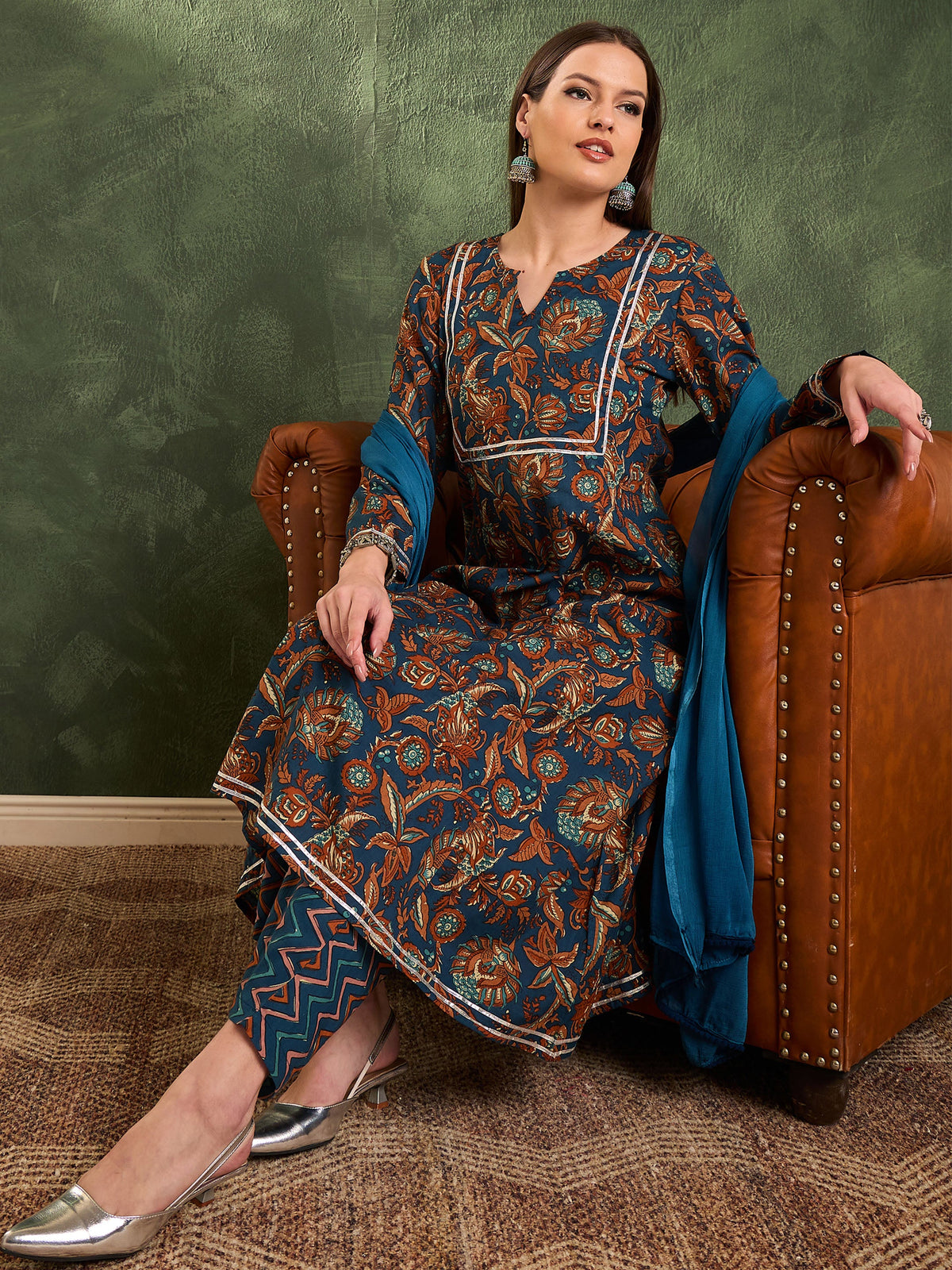 Teal Floral Front Yoke Kurta Set with Dupatta-Shae by SASSAFRAS