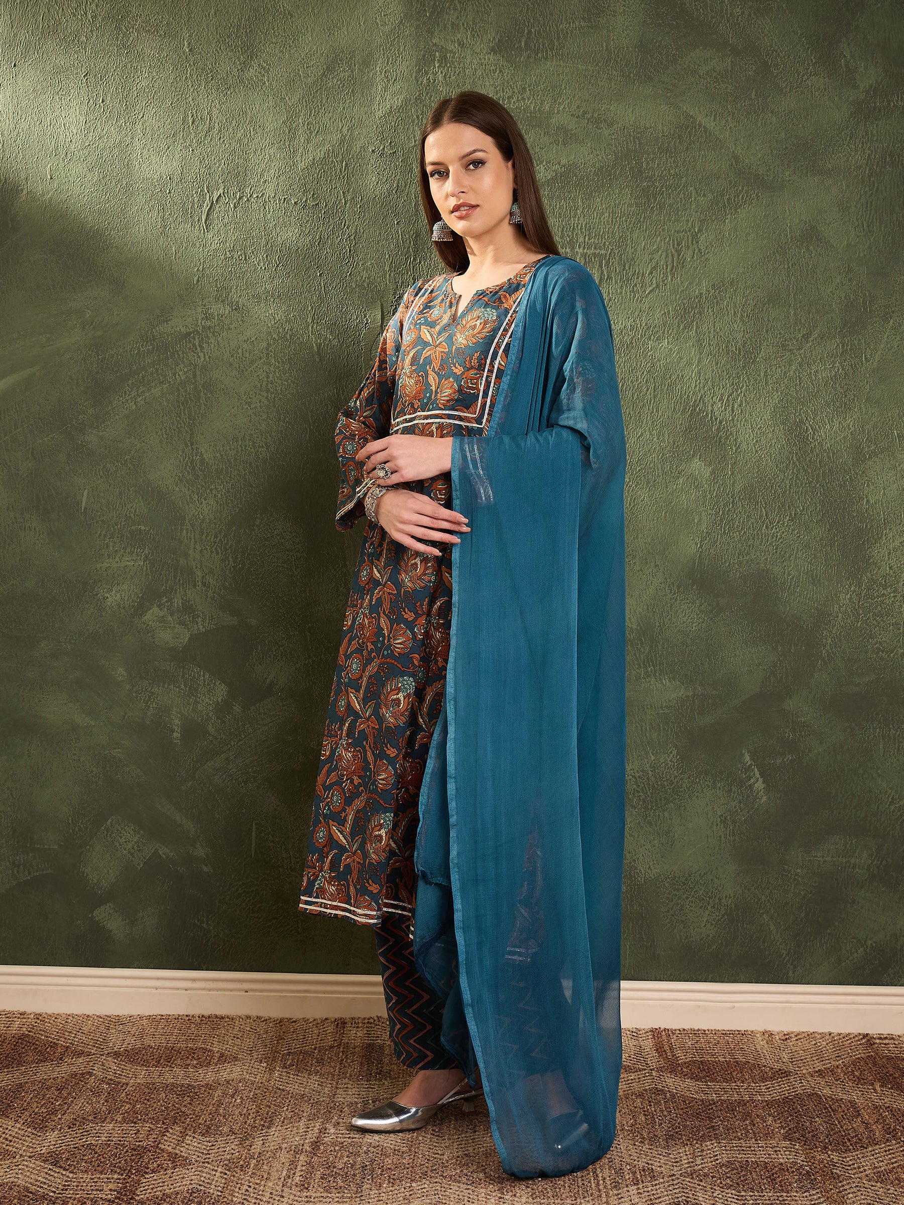Teal Floral Front Yoke Kurta Set with Dupatta-Shae by SASSAFRAS