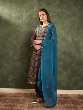 Teal Floral Front Yoke Kurta Set with Dupatta-Shae by SASSAFRAS