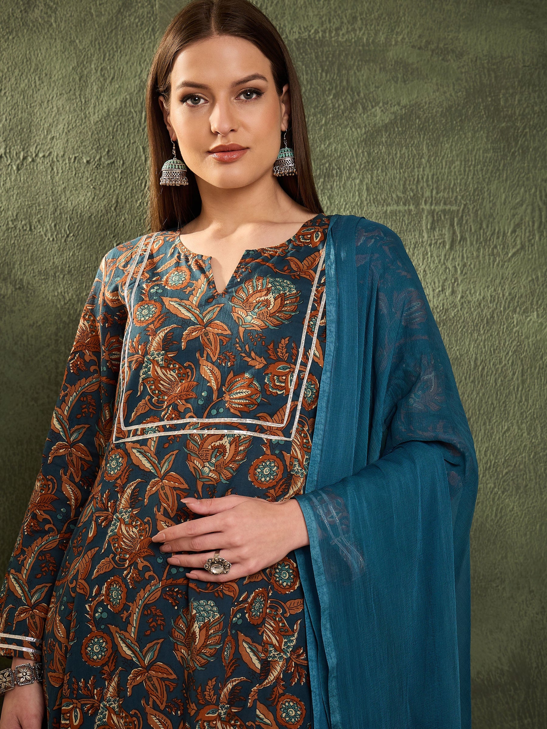 Teal Floral Front Yoke Kurta Set with Dupatta-Shae by SASSAFRAS