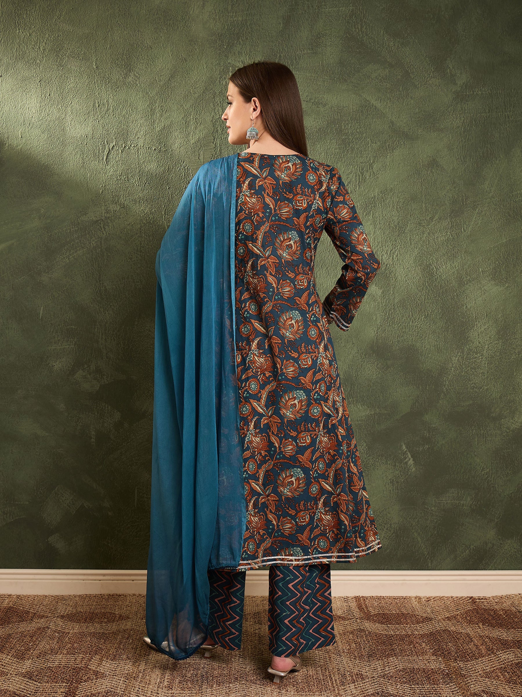 Teal Floral Front Yoke Kurta Set with Dupatta-Shae by SASSAFRAS