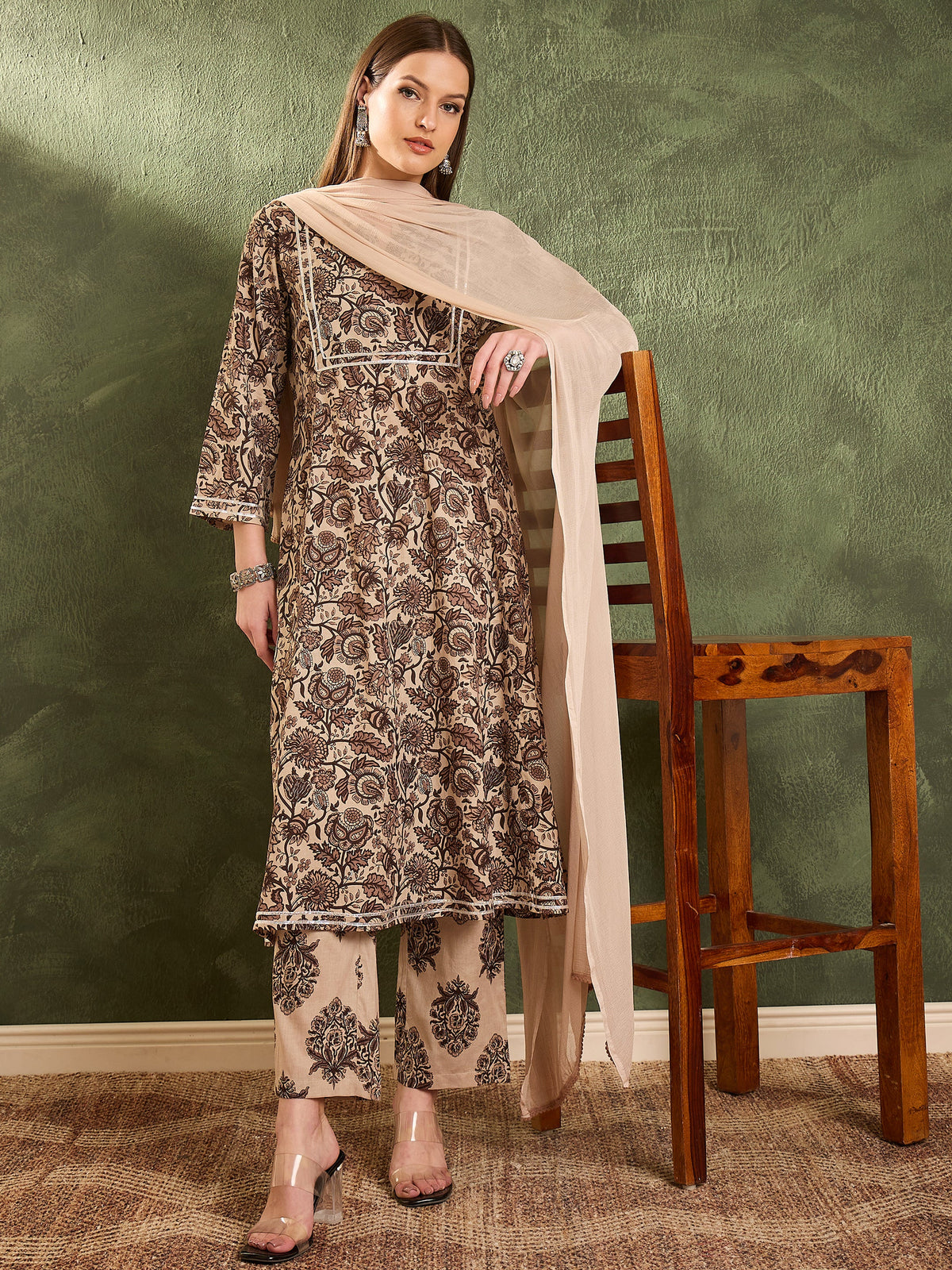 Brown & Beige Floral Yoke Kurta Set with Dupatta-Shae by SASSAFRAS