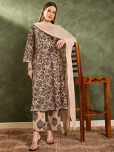 Brown & Beige Floral Yoke Kurta Set with Dupatta-Shae by SASSAFRAS