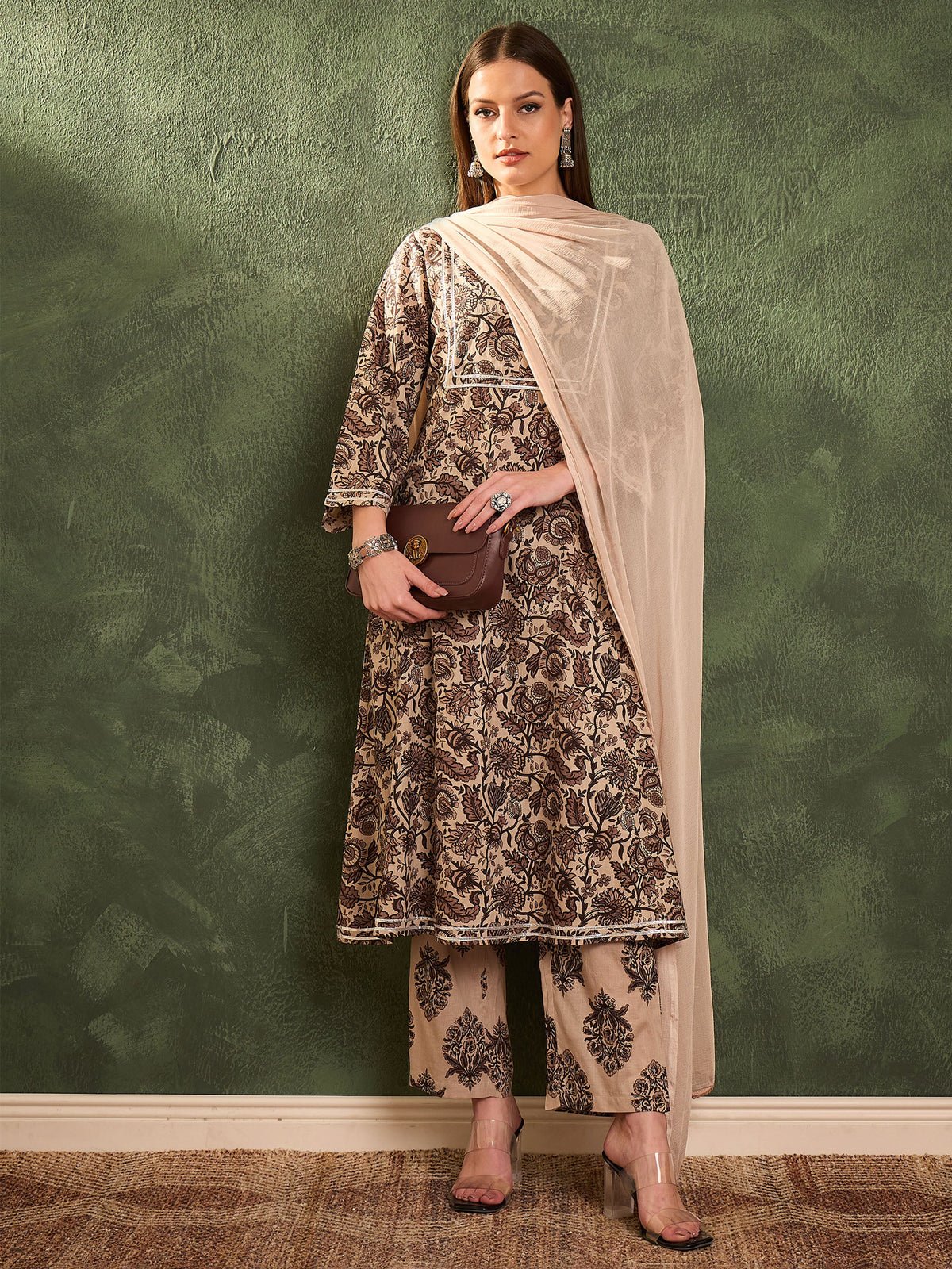 Brown & Beige Floral Yoke Kurta Set with Dupatta-Shae by SASSAFRAS