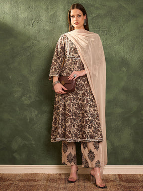 Brown & Beige Floral Yoke Kurta Set with Dupatta-Shae by SASSAFRAS