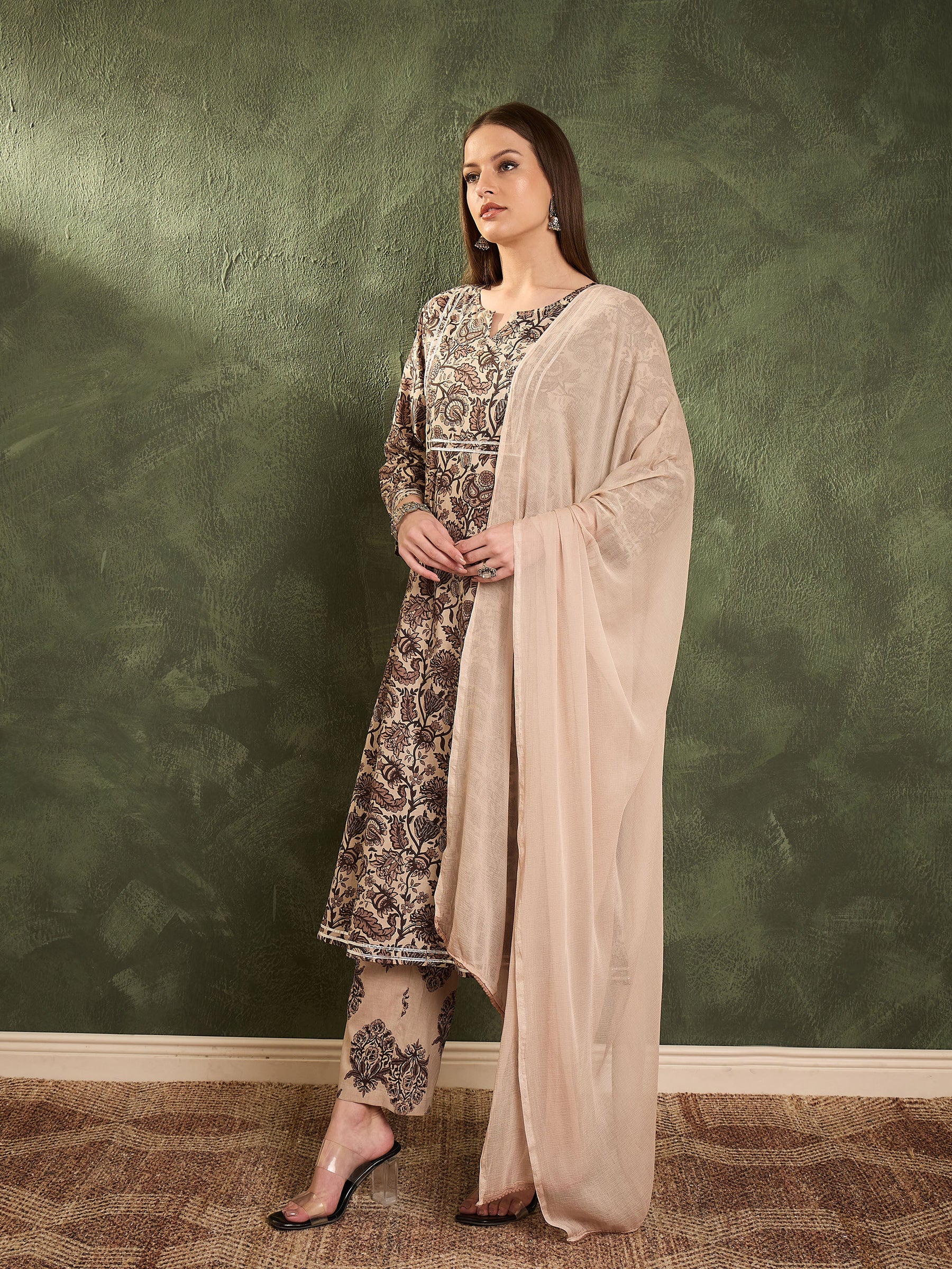 Brown & Beige Floral Yoke Kurta Set with Dupatta-Shae by SASSAFRAS