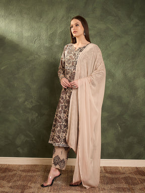 Brown & Beige Floral Yoke Kurta Set with Dupatta-Shae by SASSAFRAS