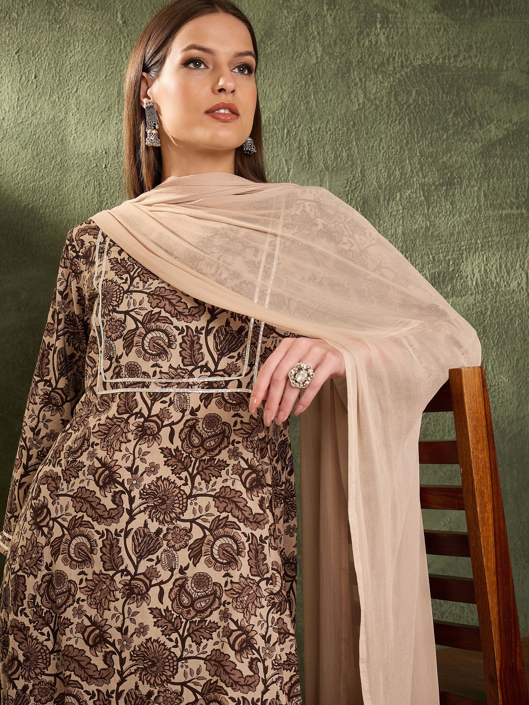 Brown & Beige Floral Yoke Kurta Set with Dupatta-Shae by SASSAFRAS