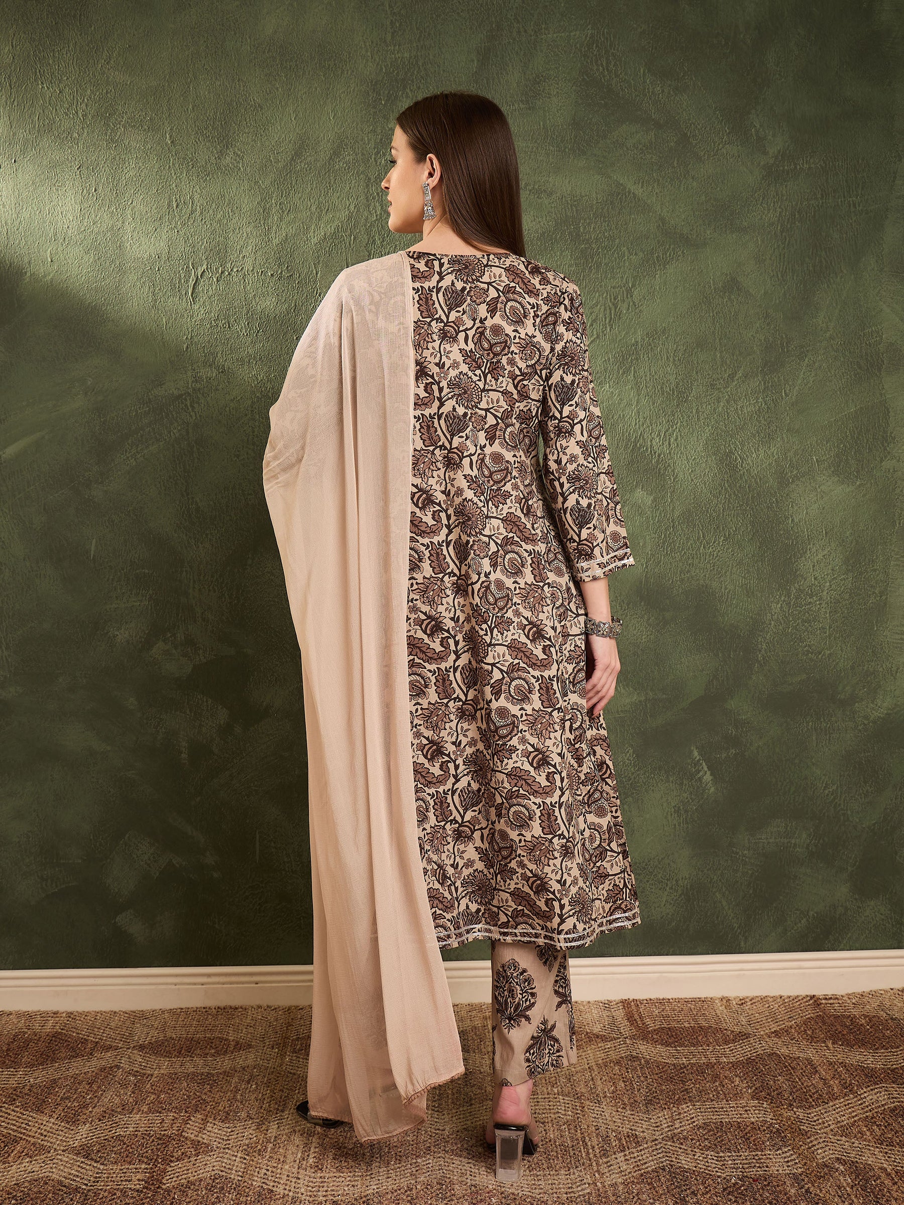 Brown & Beige Floral Yoke Kurta Set with Dupatta-Shae by SASSAFRAS