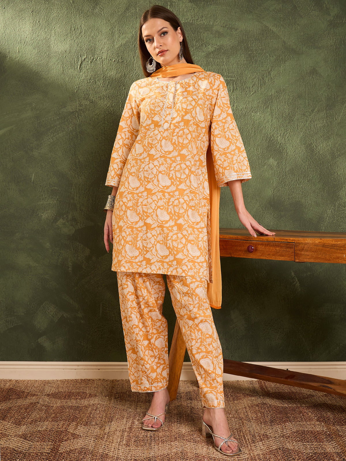 Yellow Floral Lace Short Kurta With Salwar & Dupatta-Shae by SASSAFRAS