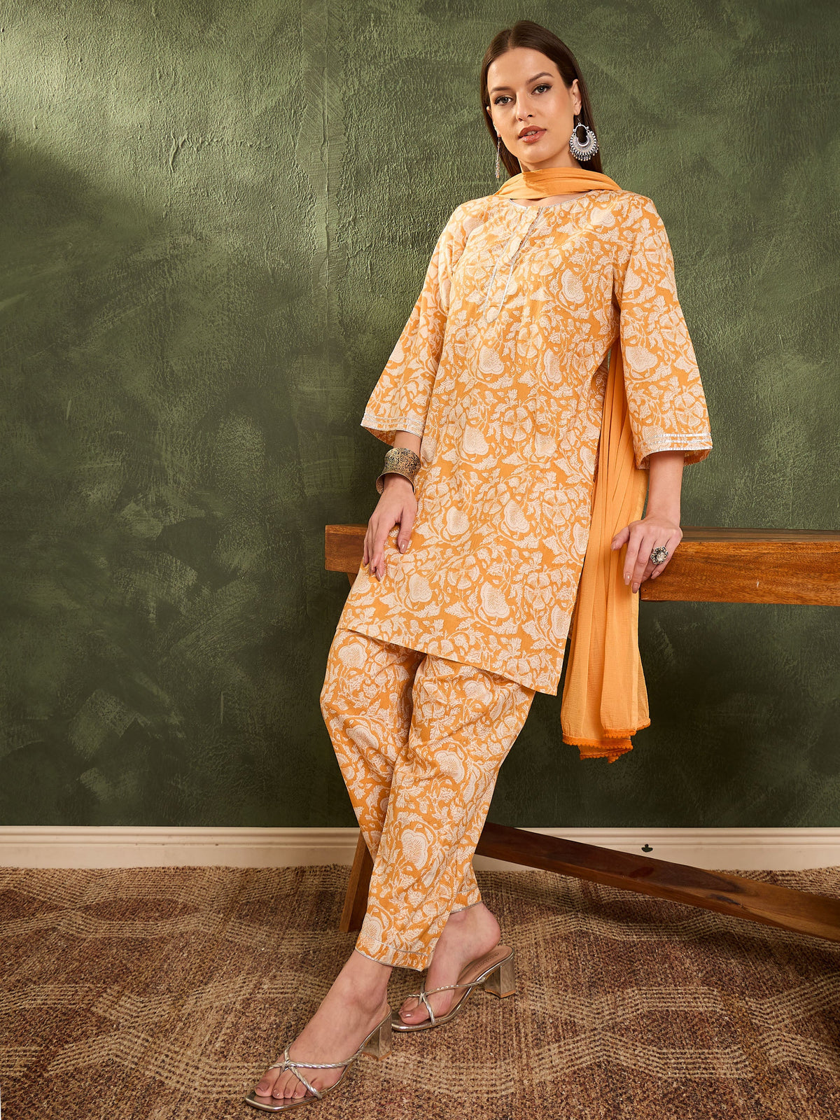Yellow Floral Lace Short Kurta With Salwar & Dupatta-Shae by SASSAFRAS
