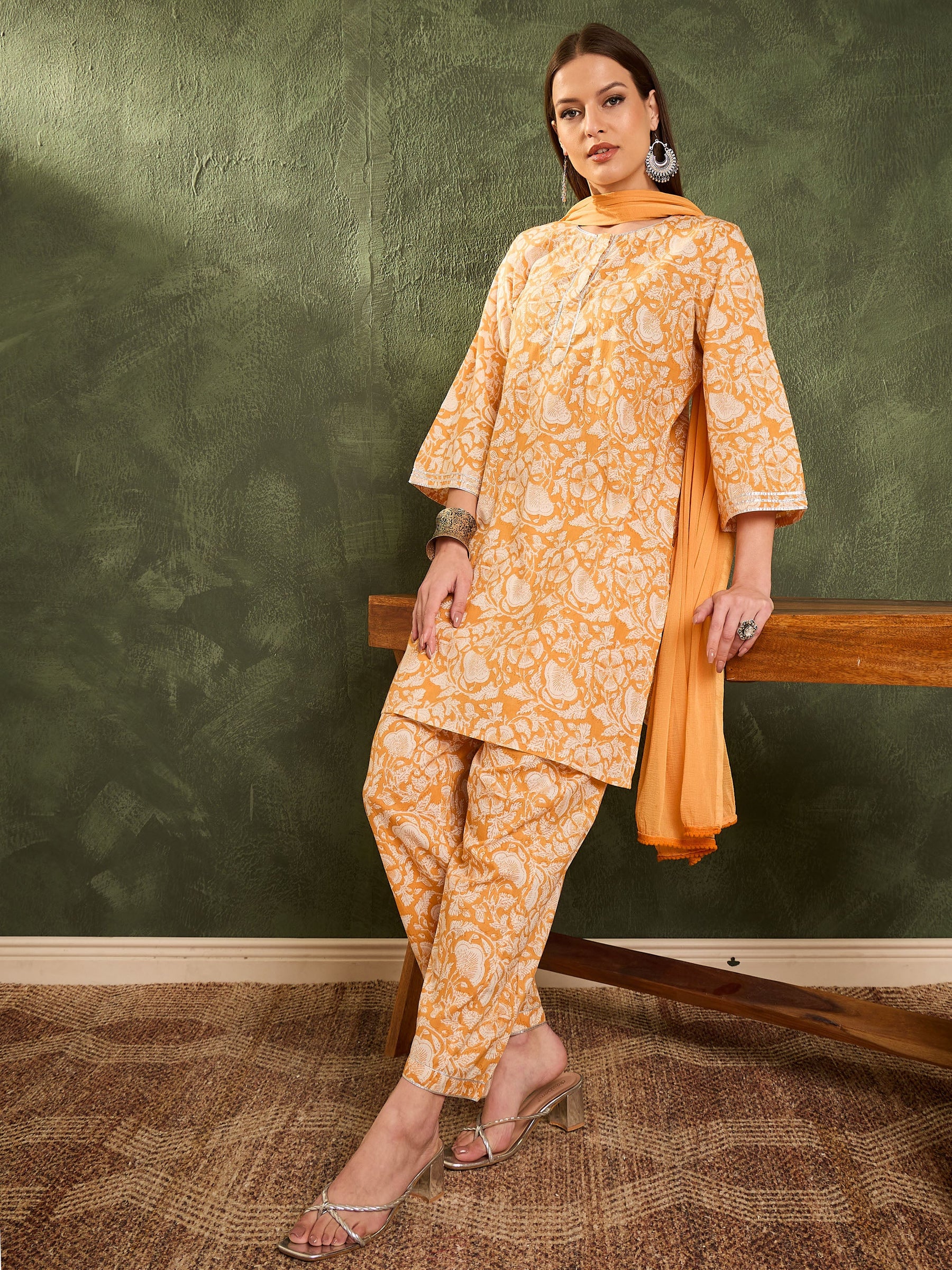 Yellow Floral Lace Short Kurta With Salwar & Dupatta-Shae by SASSAFRAS