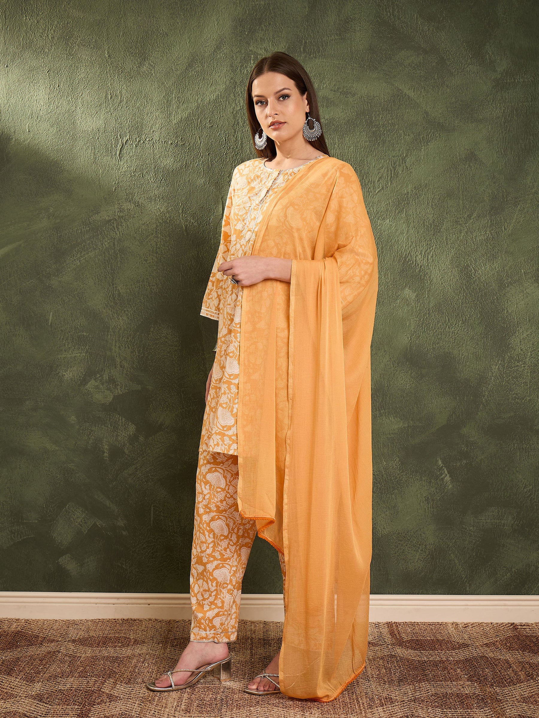 Yellow Floral Lace Short Kurta With Salwar & Dupatta-Shae by SASSAFRAS