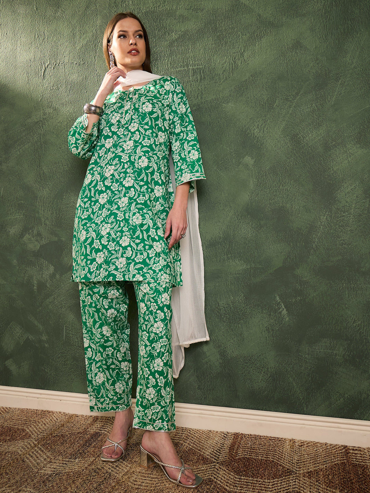 Green Floral Lace Short Kurta With Salwar & Dupatta-Shae by SASSAFRAS