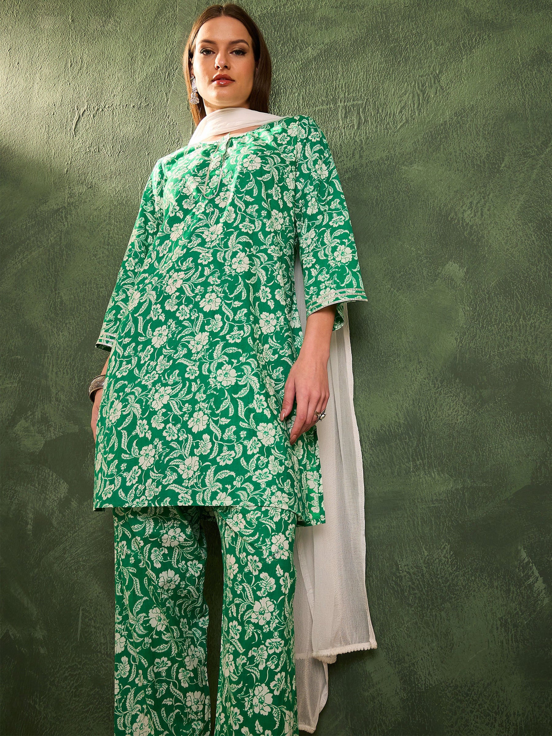 Green Floral Lace Short Kurta With Salwar & Dupatta-Shae by SASSAFRAS