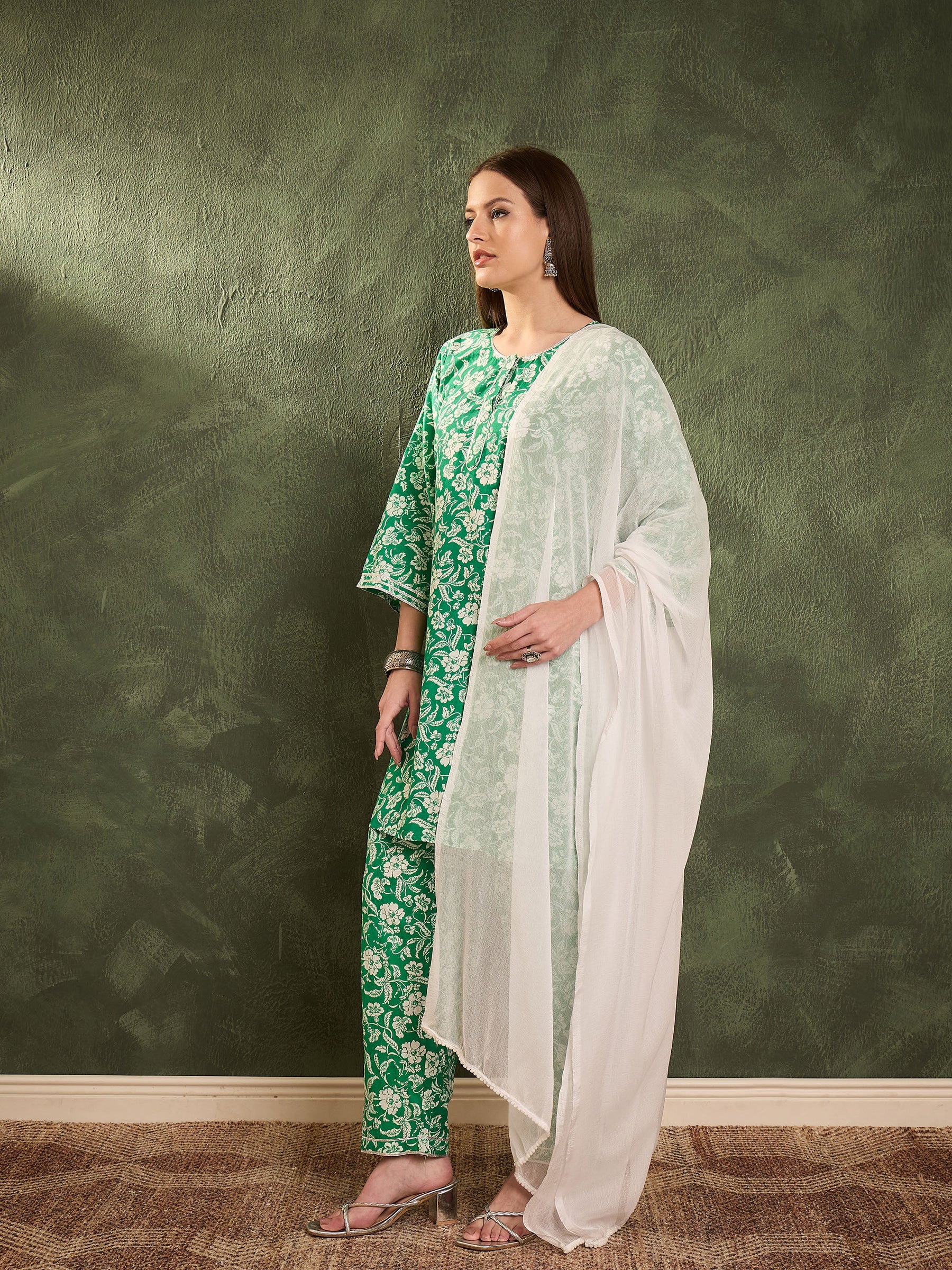 Green Floral Lace Short Kurta With Salwar & Dupatta-Shae by SASSAFRAS