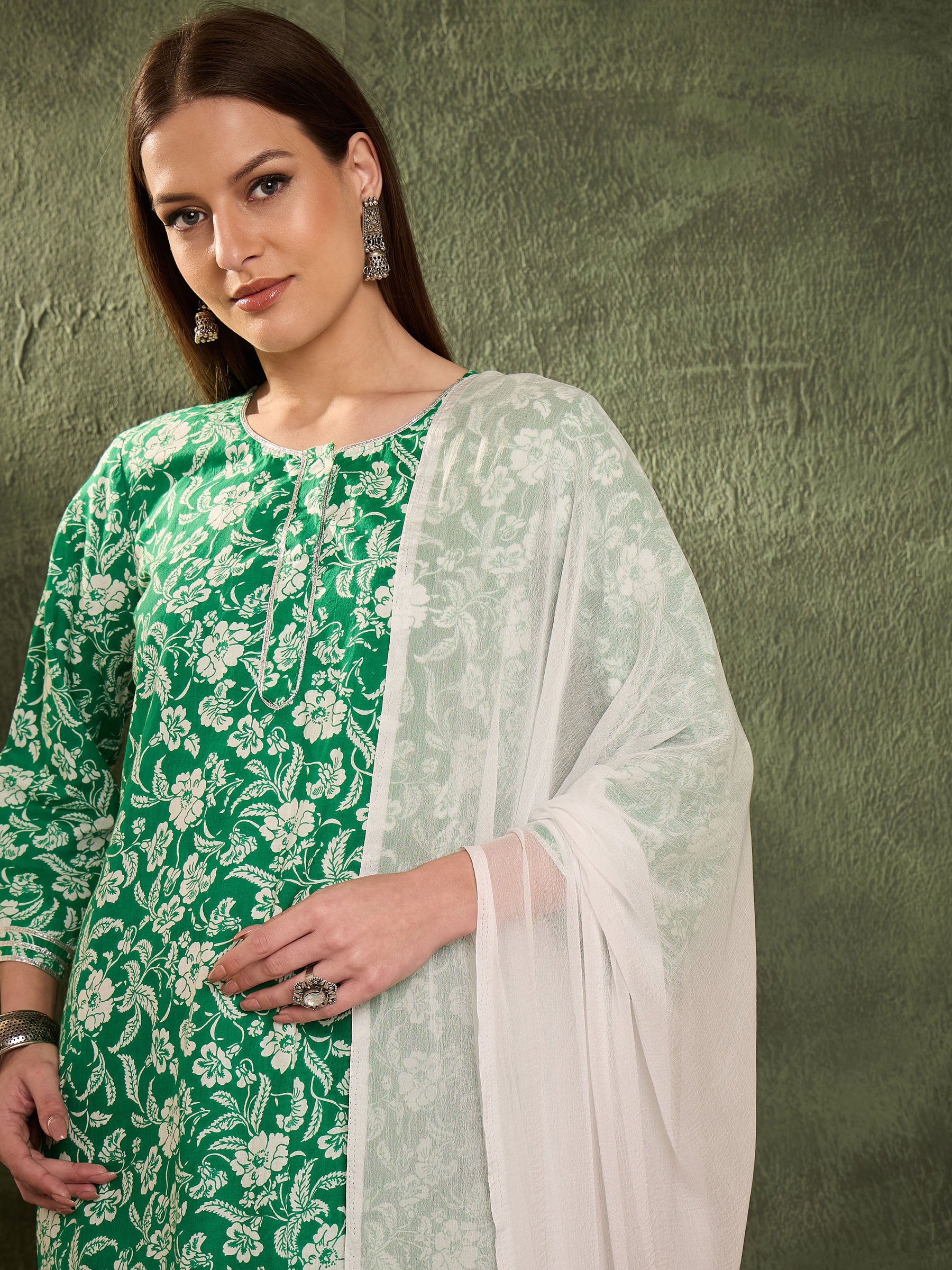 Green Floral Lace Short Kurta With Salwar & Dupatta-Shae by SASSAFRAS
