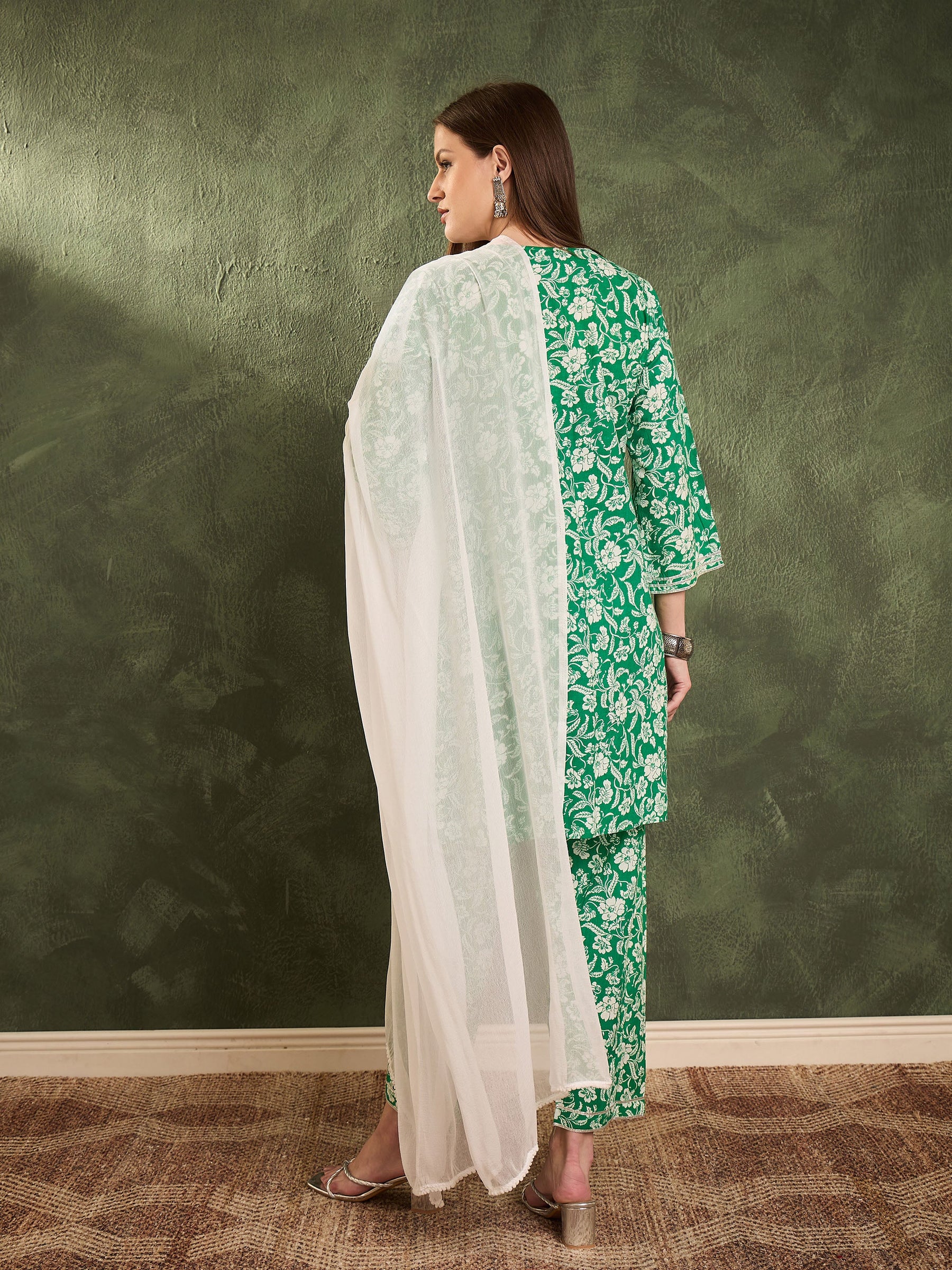 Green Floral Lace Short Kurta With Salwar & Dupatta-Shae by SASSAFRAS