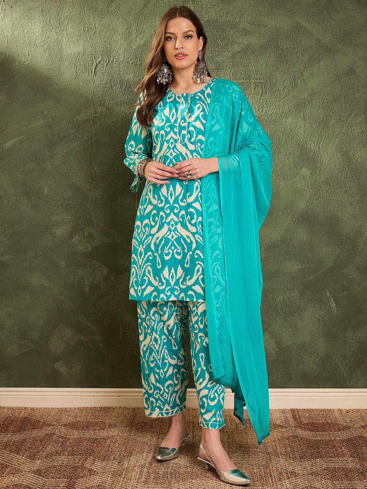 Turquoise Ikat Short Kurta With Salwar & Dupatta -Shae by SASSAFRAS