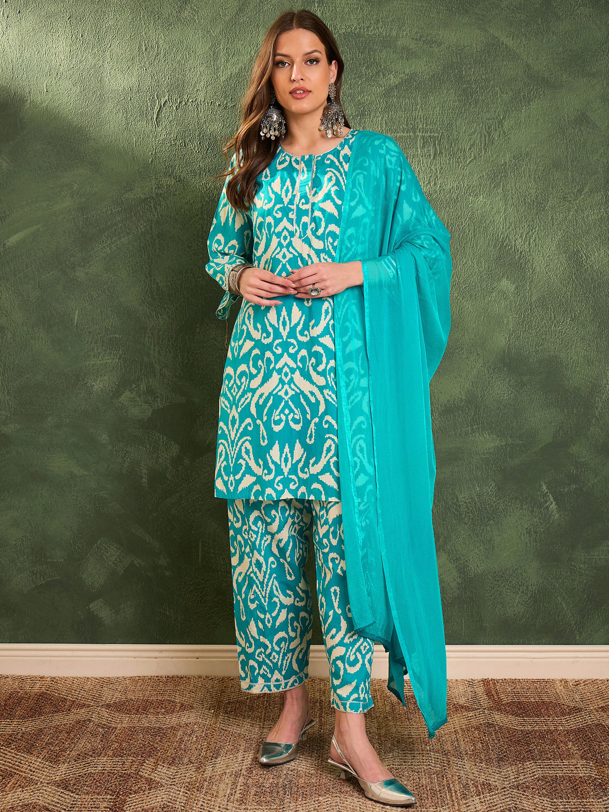 Turquoise Ikat Short Kurta With Salwar & Dupatta -Shae by SASSAFRAS