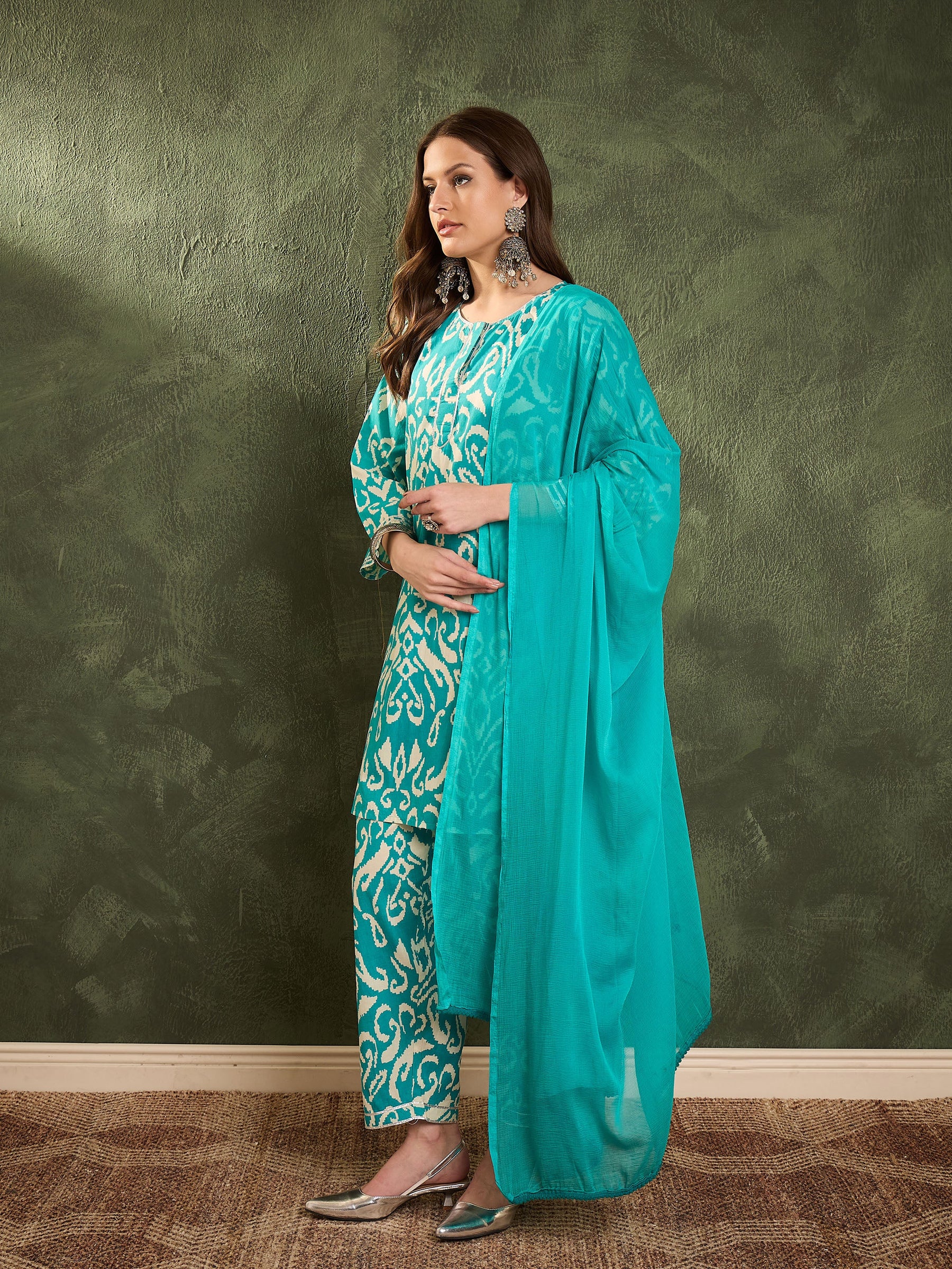 Turquoise Ikat Short Kurta With Salwar & Dupatta -Shae by SASSAFRAS