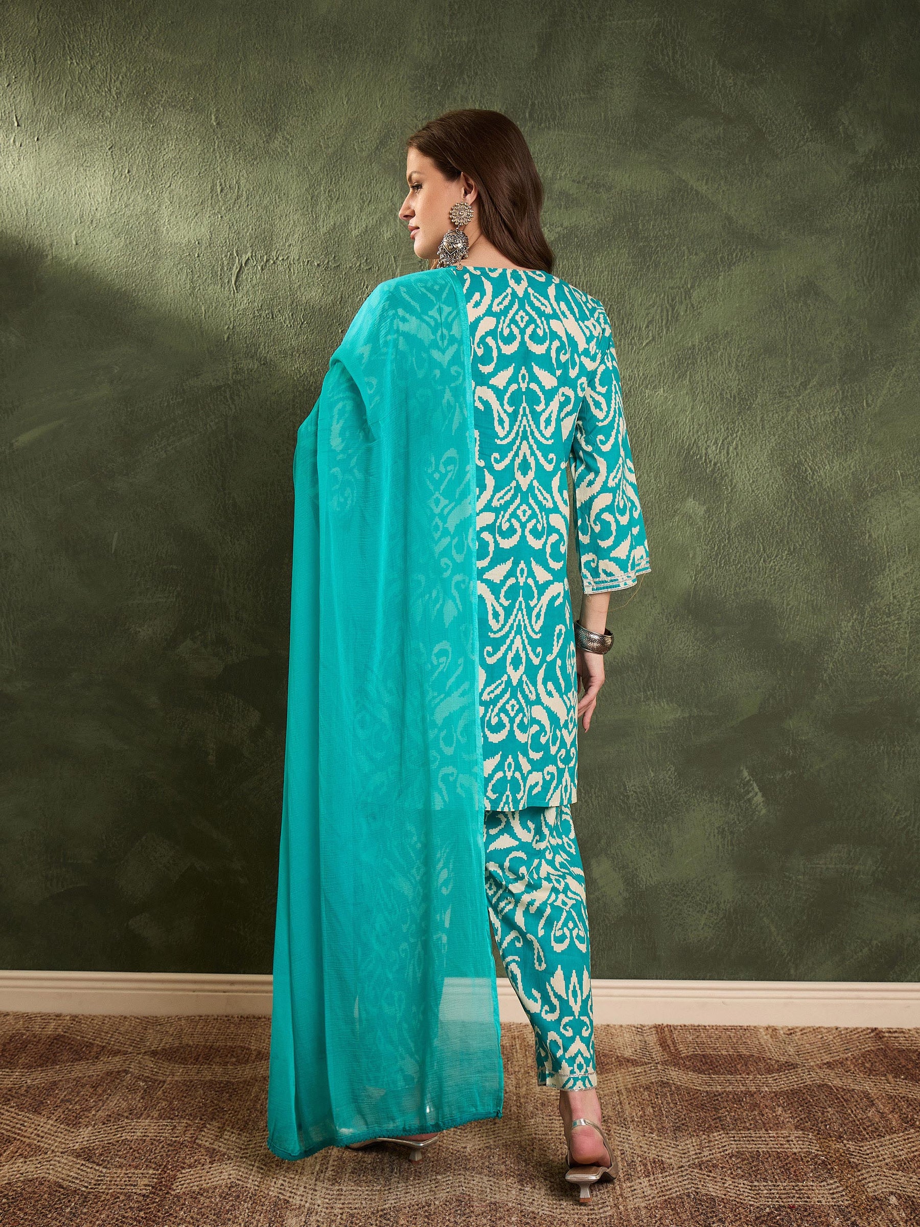 Turquoise Ikat Short Kurta With Salwar & Dupatta -Shae by SASSAFRAS