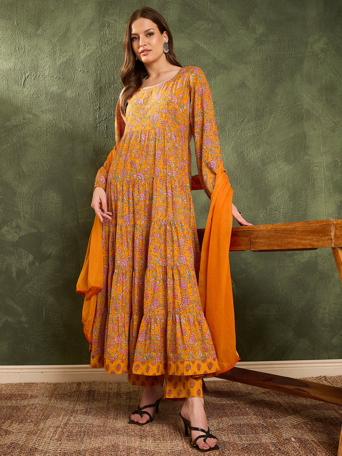 Mustard Floral Tiered Anarkali Kurta Set with Dupatta-Shae by SASSAFRAS
