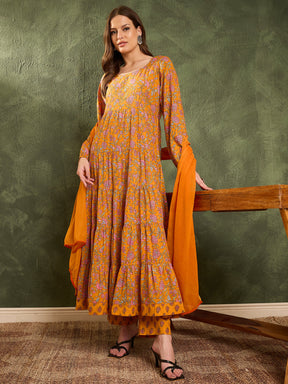 Mustard Floral Tiered Anarkali Kurta Set with Dupatta-Shae by SASSAFRAS