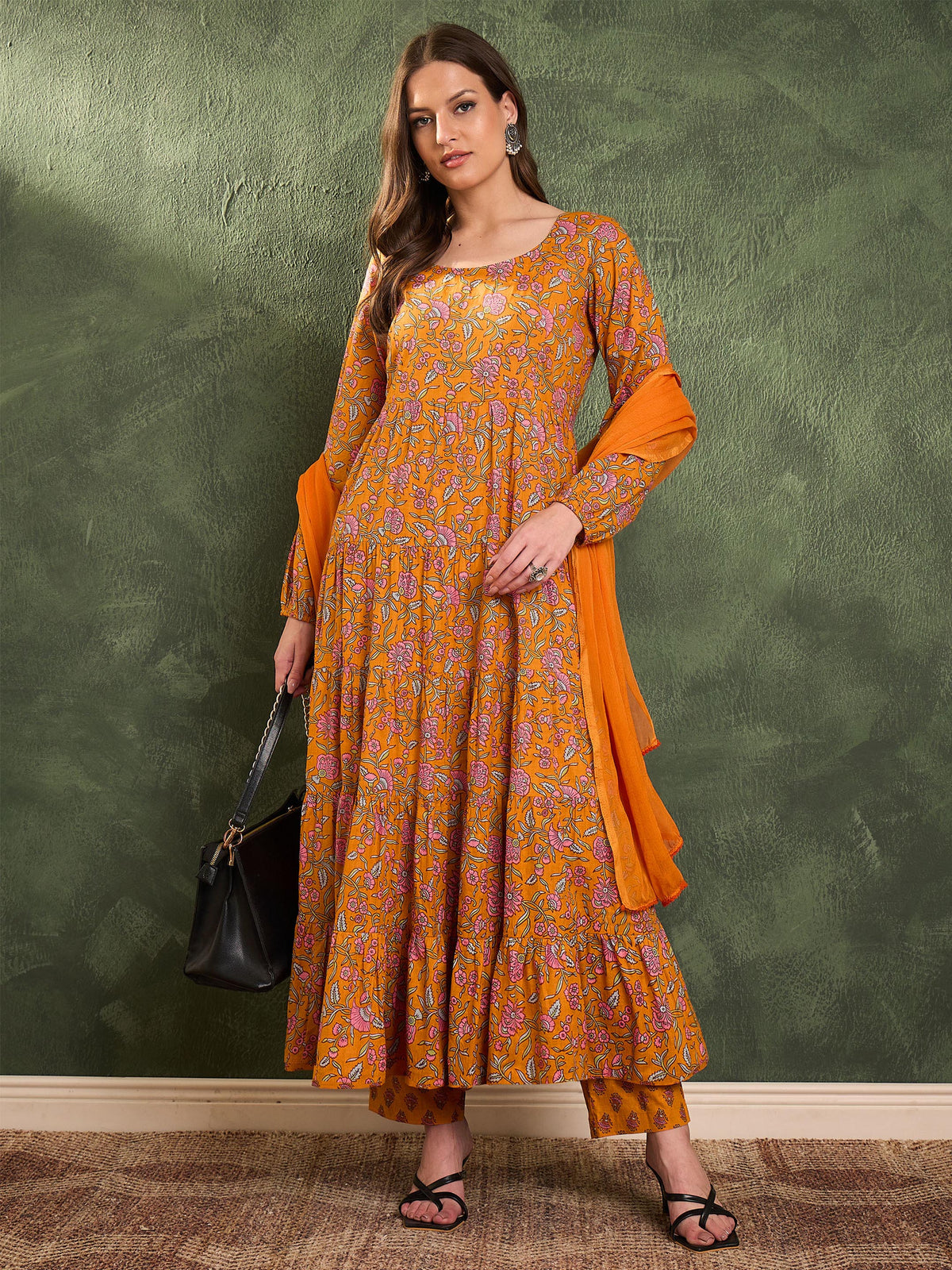 Mustard Floral Tiered Anarkali Kurta Set with Dupatta-Shae by SASSAFRAS